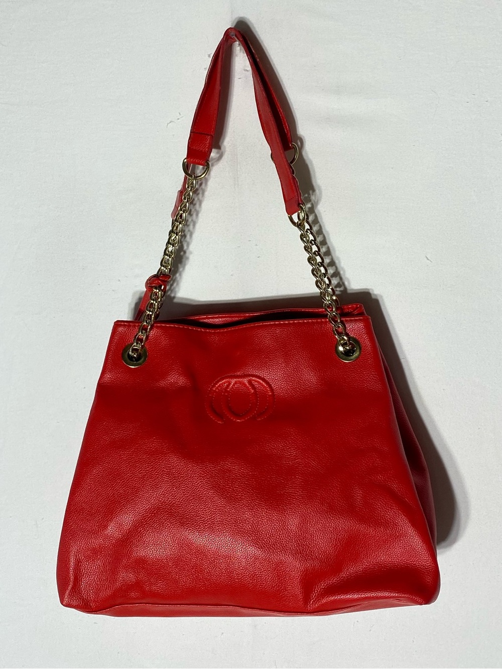 Red Slouchy Faux Leather Chain Shoulder Tote Bag Purse W Embossed Accent Logo